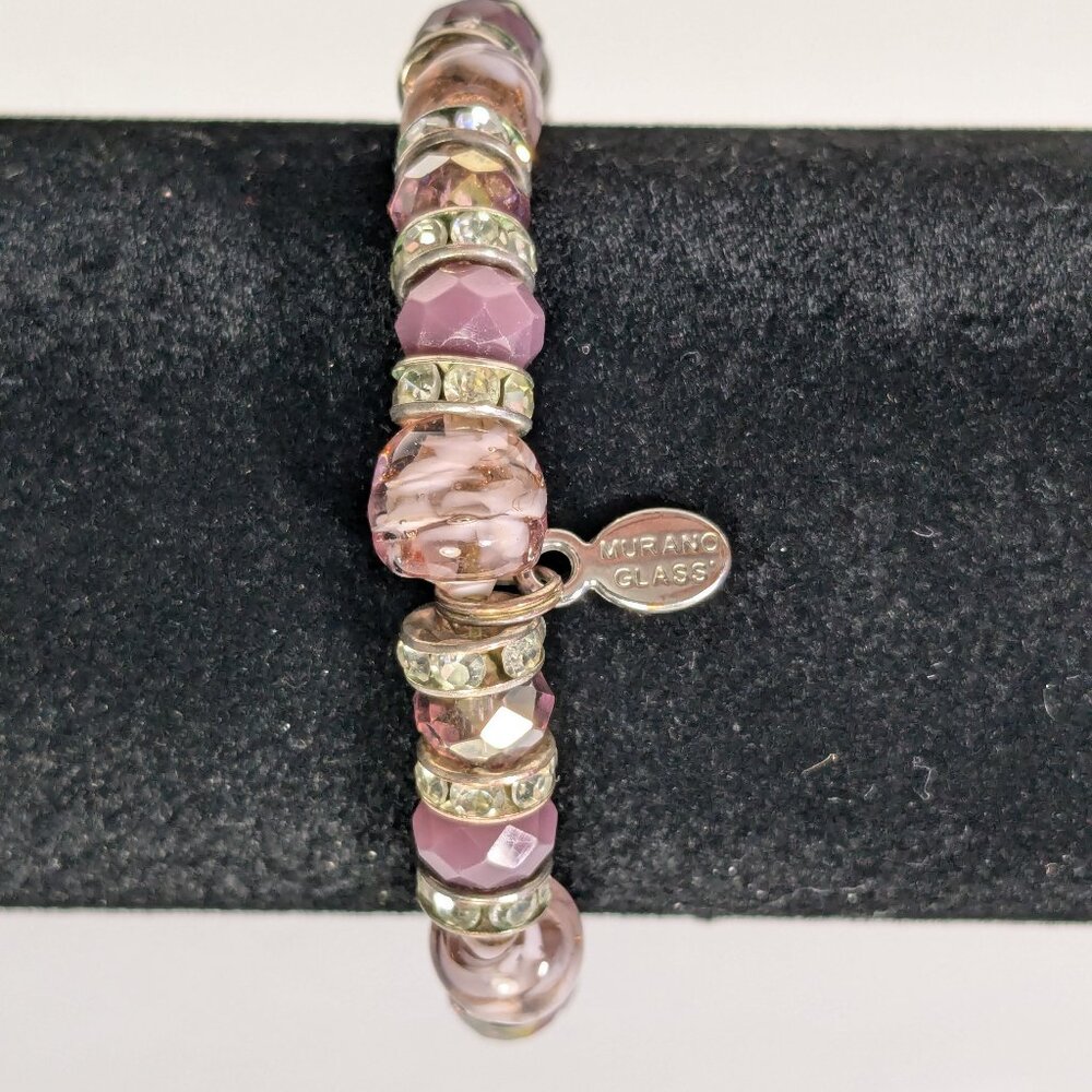 Pink & Purple Murano Glass Elastic Bead Bracelet Rhinestones Made in Italy Gift